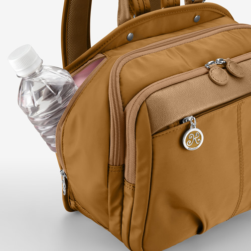 The side pocket holds a beverage bottle.